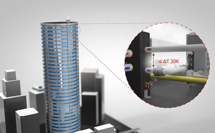 Illustration eines Hochhauses mit einem vergrößerten Detailbild des Heizsystems